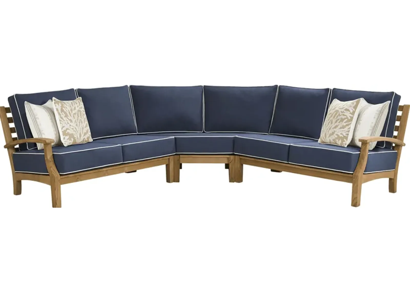 Pleasant Bay Teak 3 Pc Outdoor Sectional with Indigo Cushions