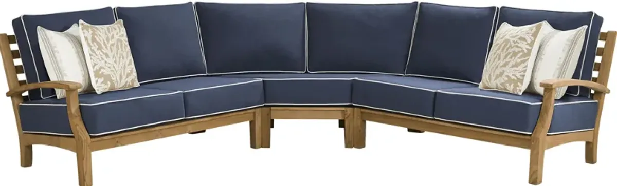 Pleasant Bay Teak 3 Pc Outdoor Sectional with Indigo Cushions