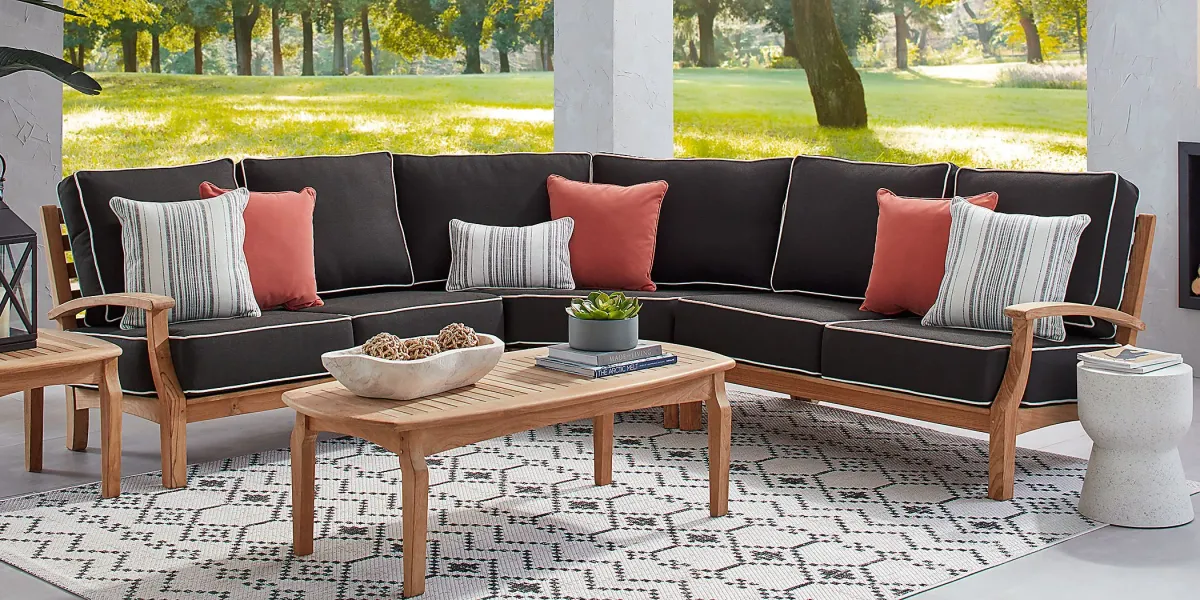 Pleasant Bay Teak 3 Pc Outdoor Sectional with Charcoal Cushions