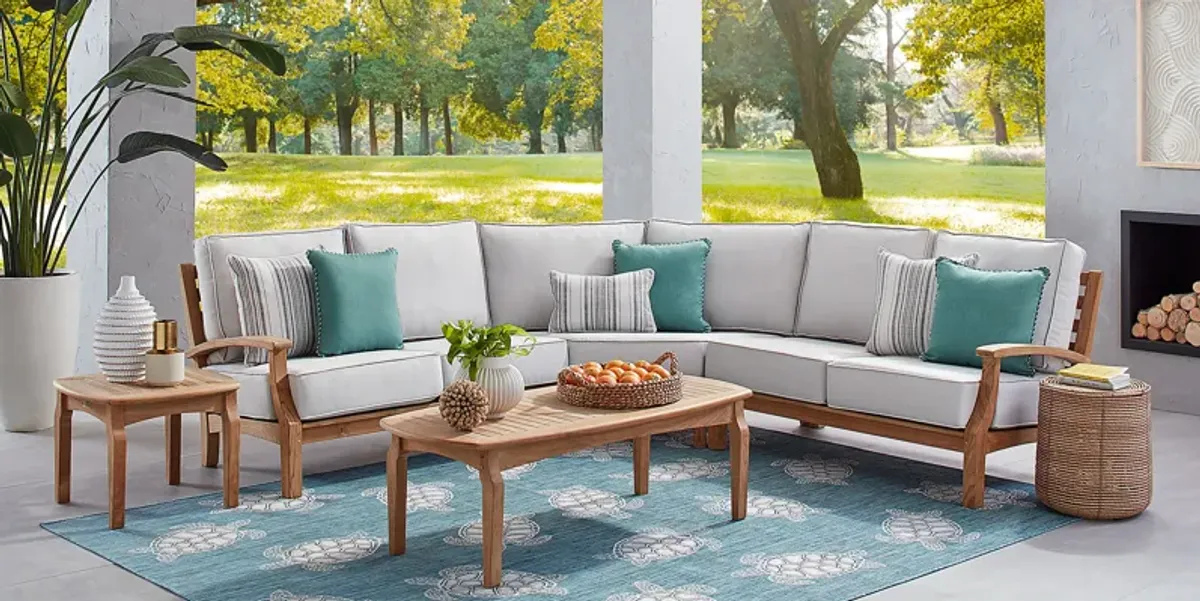 Pleasant Bay Teak 3 Pc Outdoor Sectional with Dove Cushions