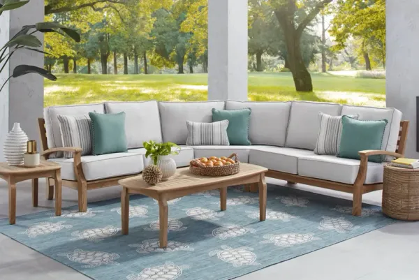 Pleasant Bay Teak 3 Pc Outdoor Sectional with Dove Cushions