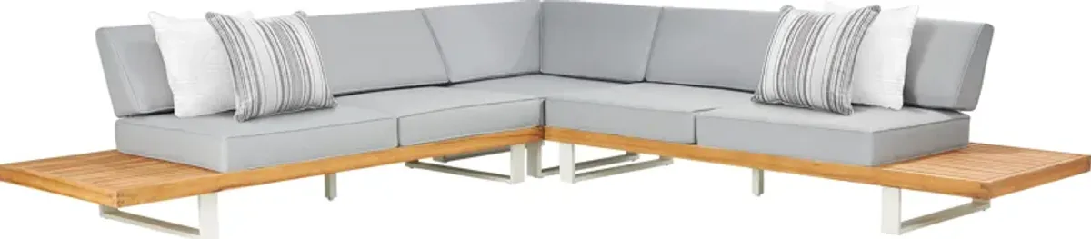 Platform Teak 3 Pc Outdoor Sectional With Pewter Cushions