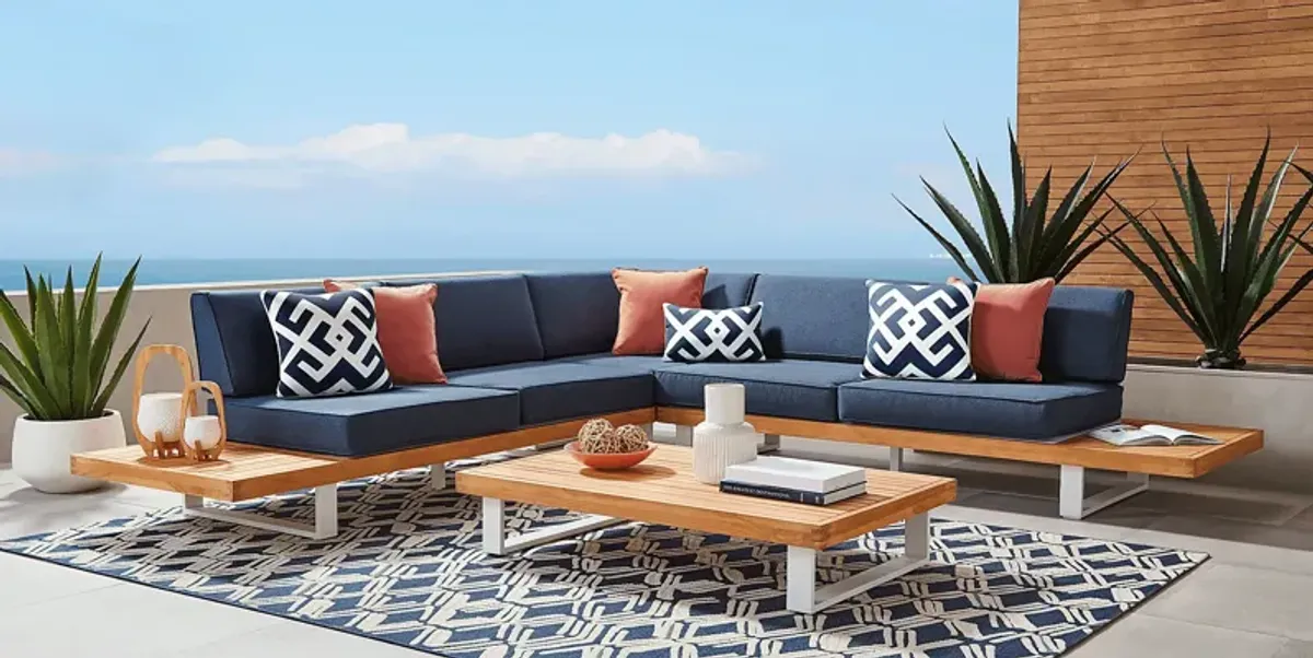 Platform Teak 3 Pc Outdoor Sectional with Indigo Cushions