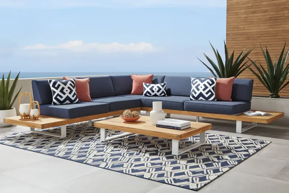 Platform Teak 3 Pc Outdoor Sectional with Indigo Cushions