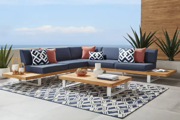 Platform Teak 3 Pc Outdoor Sectional with Indigo Cushions