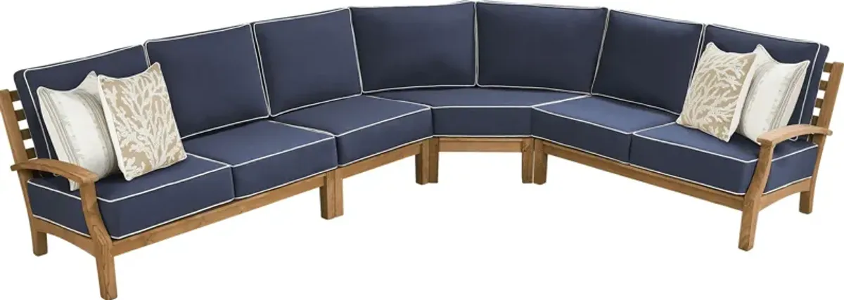 Pleasant Bay Teak 4 Pc Outdoor Sectional with Indigo Cushions