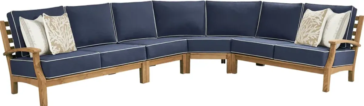 Pleasant Bay Teak 4 Pc Outdoor Sectional with Indigo Cushions