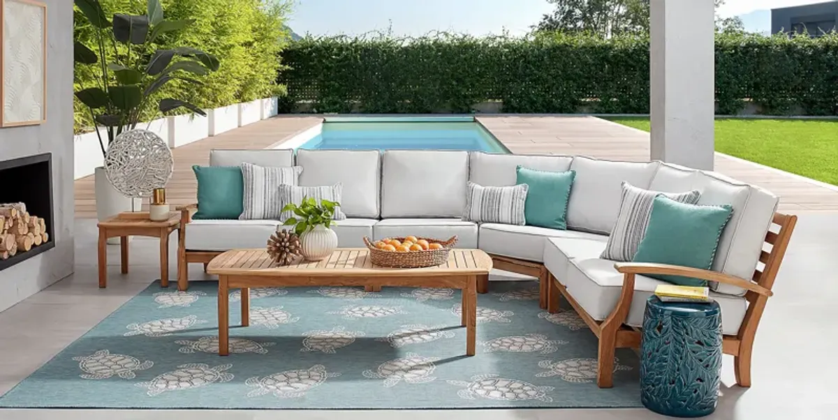 Pleasant Bay Teak 4 Pc Outdoor Sectional with Dove Cushions