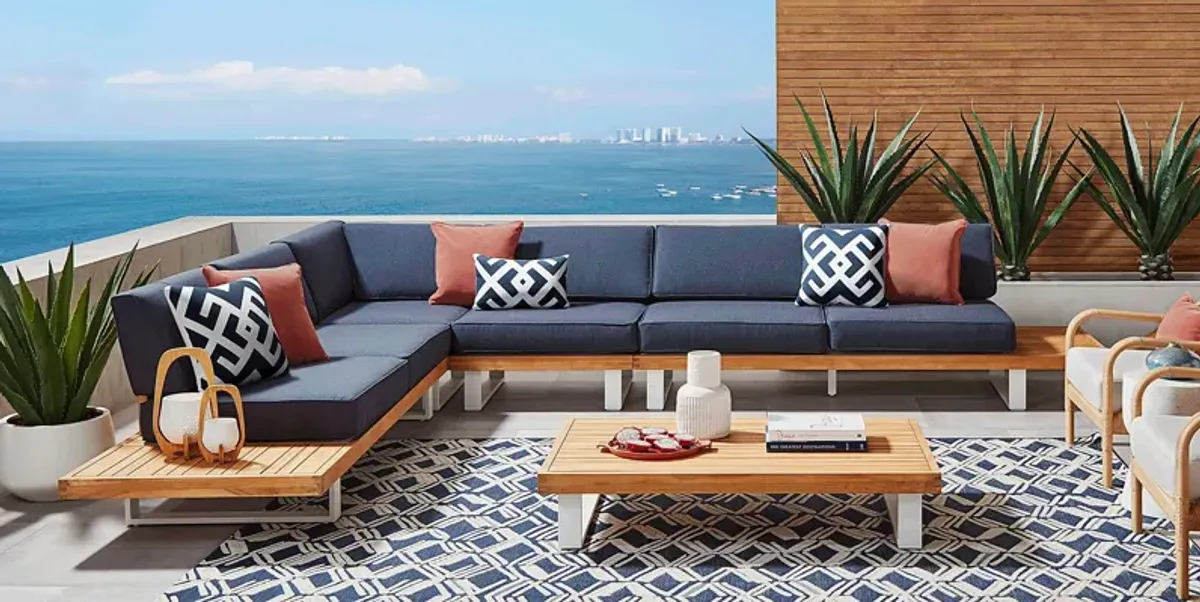 Platform Teak 4 Pc Outdoor Sectional with Indigo Cushions