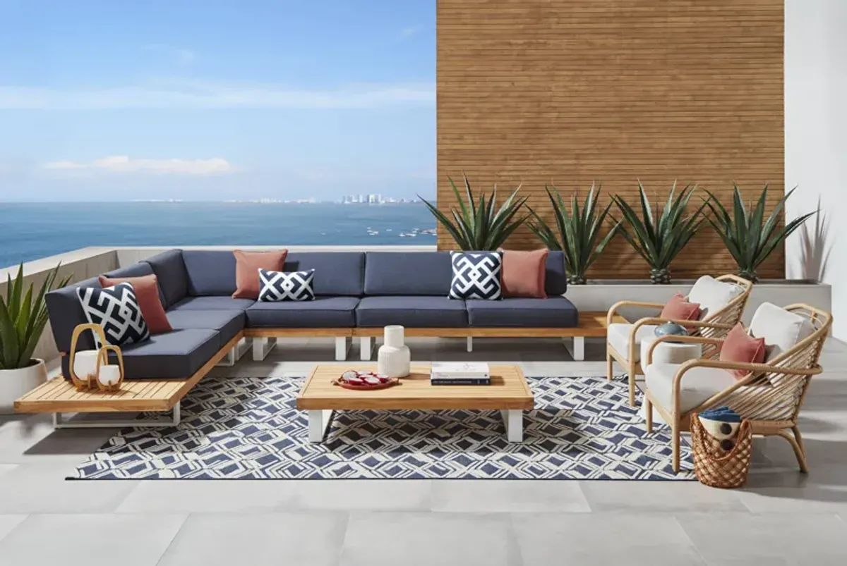 Platform Teak 4 Pc Outdoor Sectional with Indigo Cushions