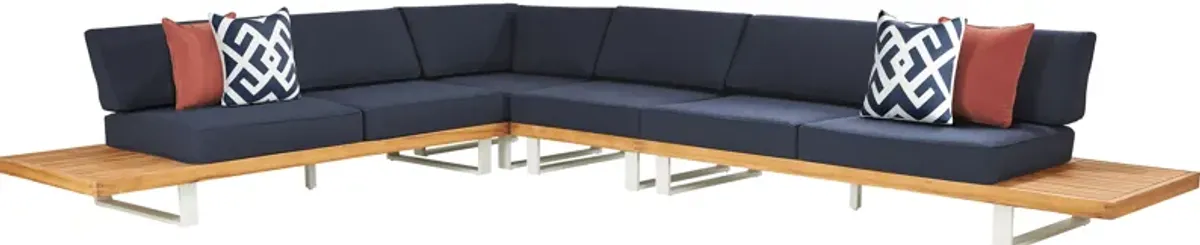 Platform Teak 4 Pc Outdoor Sectional with Indigo Cushions