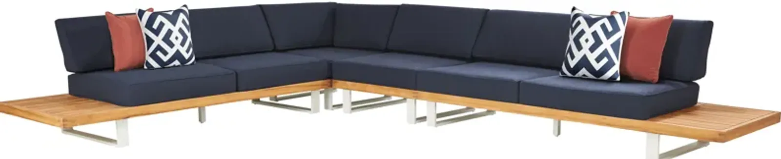 Platform Teak 4 Pc Outdoor Sectional with Indigo Cushions