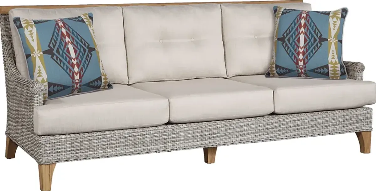 Hamptons Cove Gray Outdoor Sofa with Flax Cushions