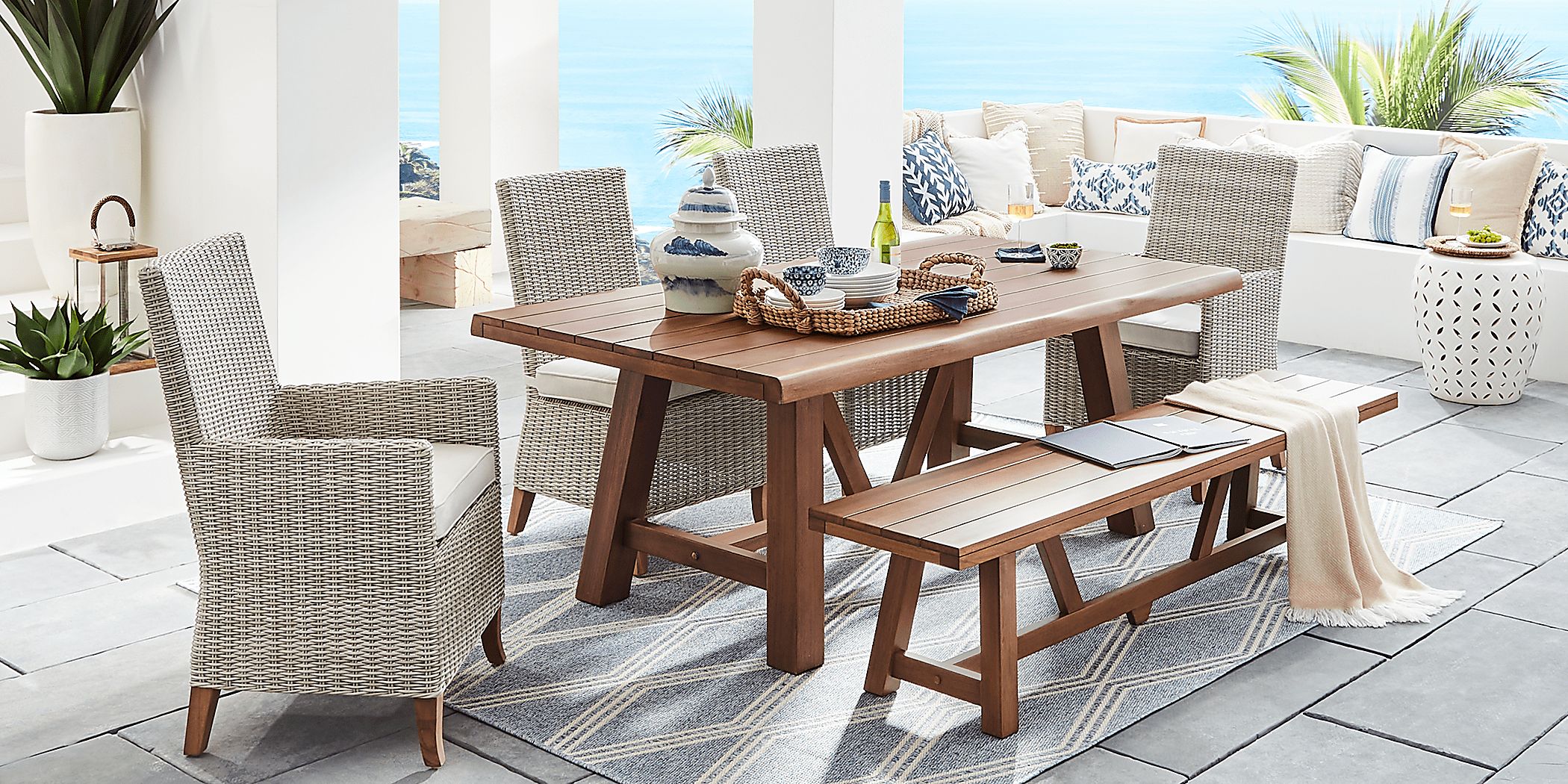 Patmos Tan 6 Pc 78 in. Rectangle Outdoor Dining Set With Linen Cushions