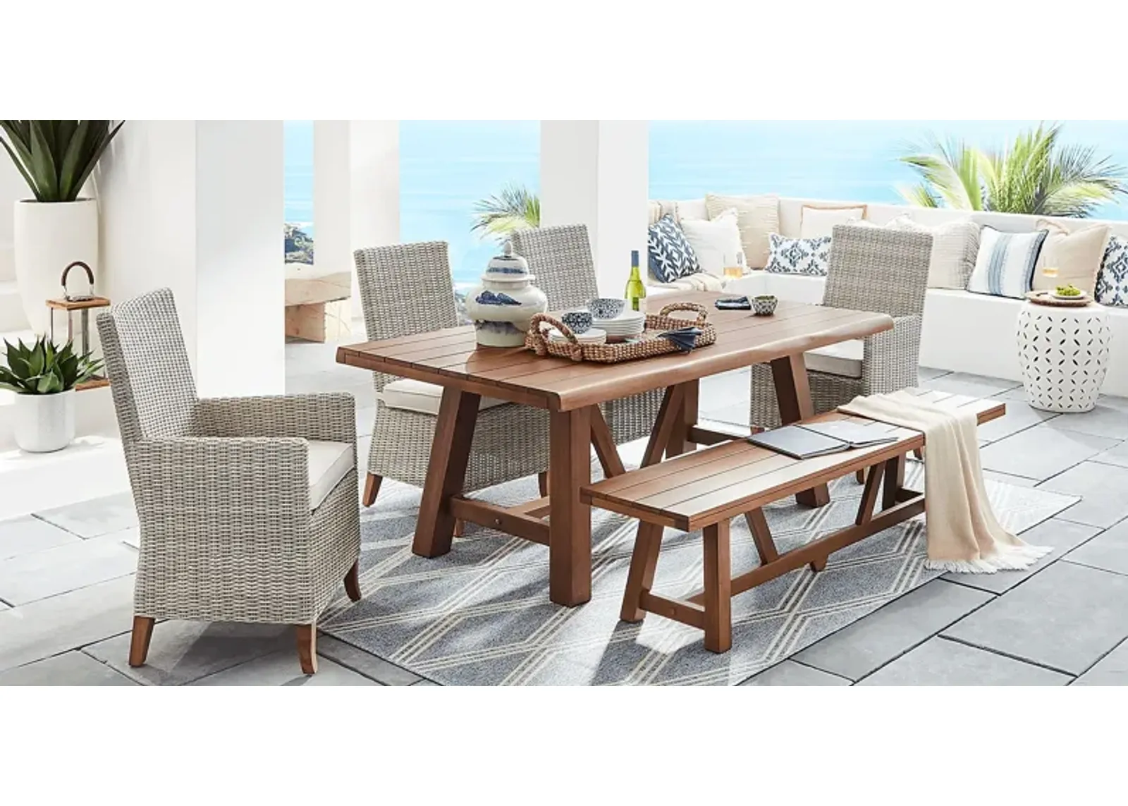 Patmos Tan 6 Pc 78 in. Rectangle Outdoor Dining Set With Linen Cushions