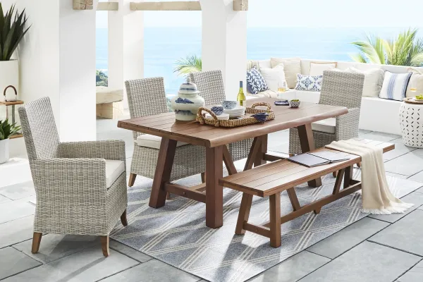Patmos Tan 6 Pc 78 in. Rectangle Outdoor Dining Set With Linen Cushions