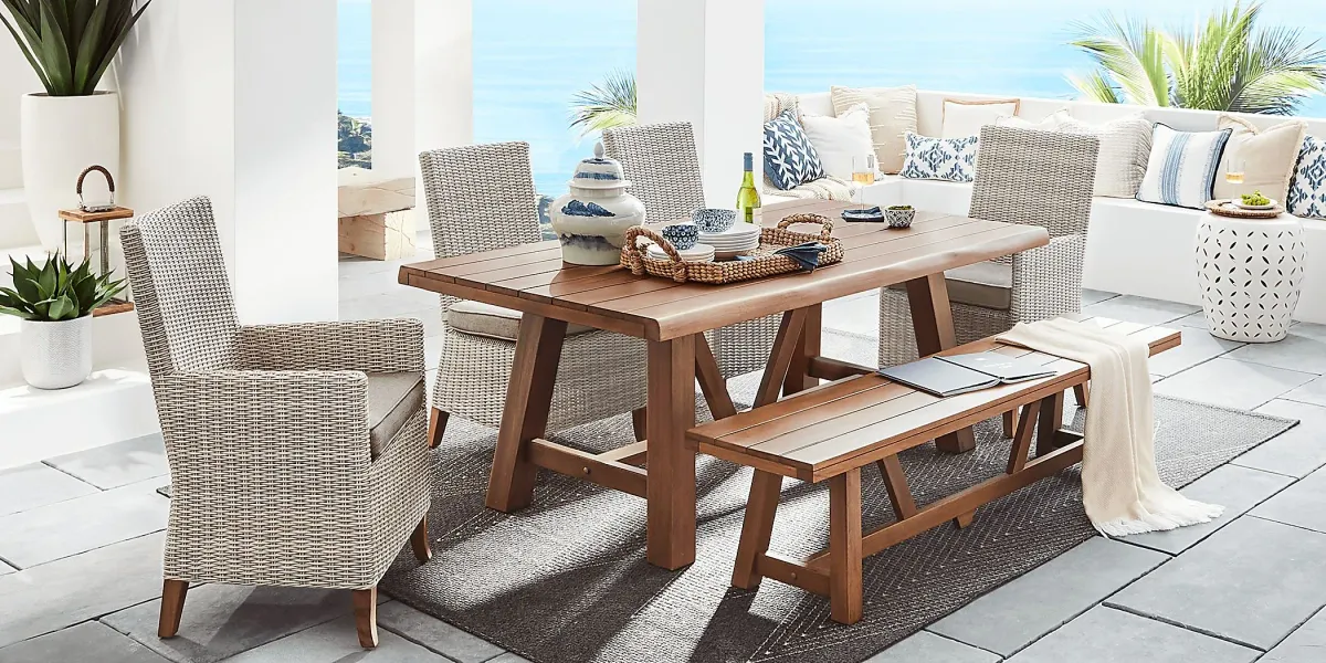 Patmos Tan 6 Pc 78 in. Rectangle Outdoor Dining Set With Mushroom Cushions