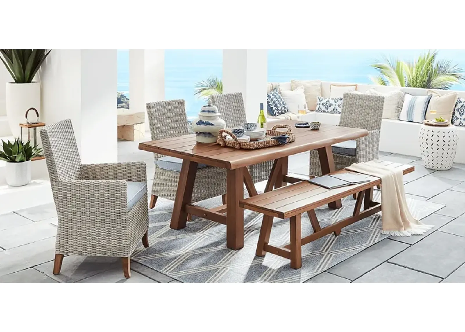 Patmos Tan 6 Pc 78 in. Rectangle Outdoor Dining Set With Steel Cushions