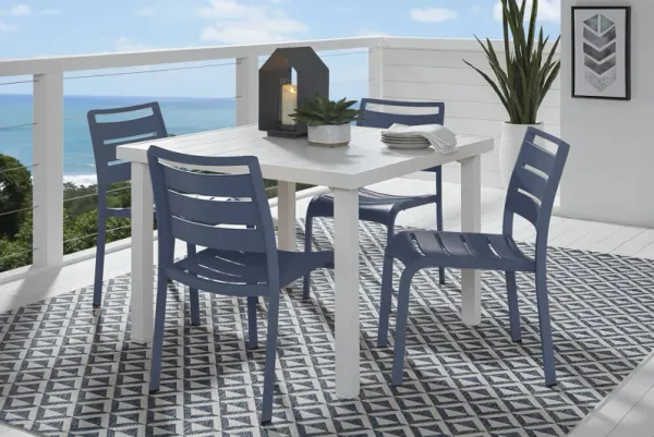 Park Walk White 5 Pc 40 in. Square Outdoor Dining Set with Navy Chairs