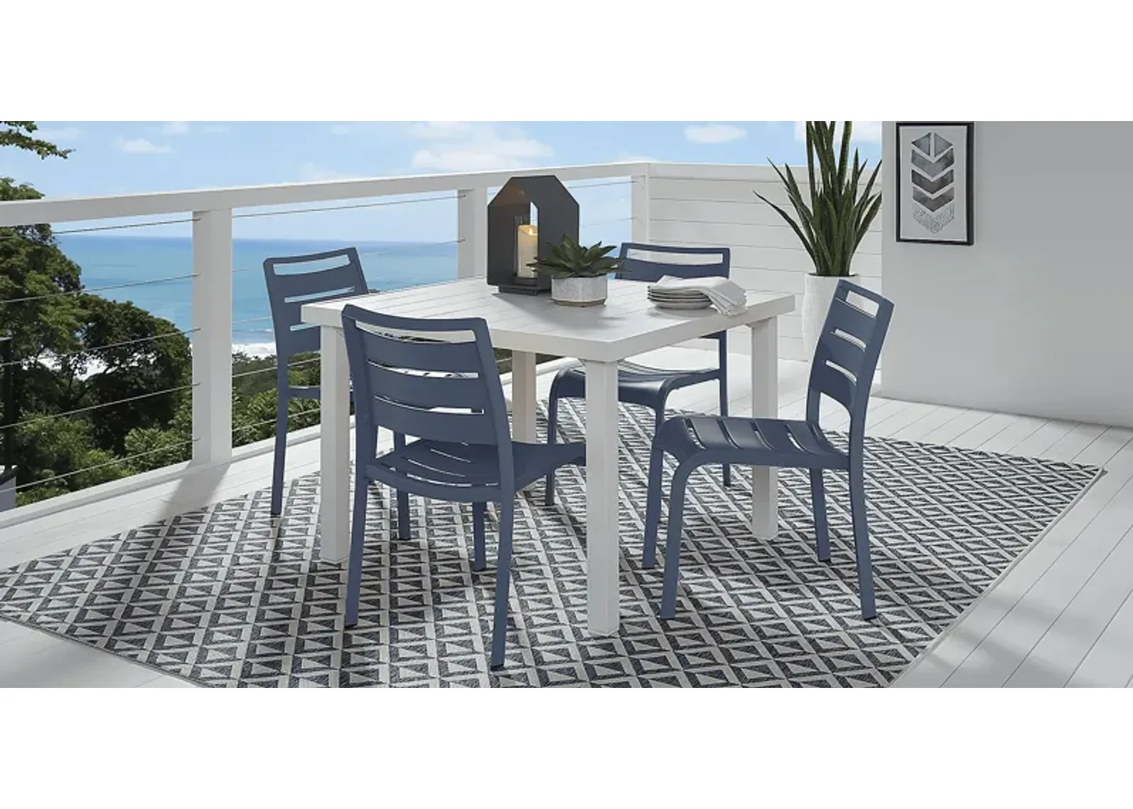 Park Walk White 5 Pc 40 in. Square Outdoor Dining Set with Navy Chairs