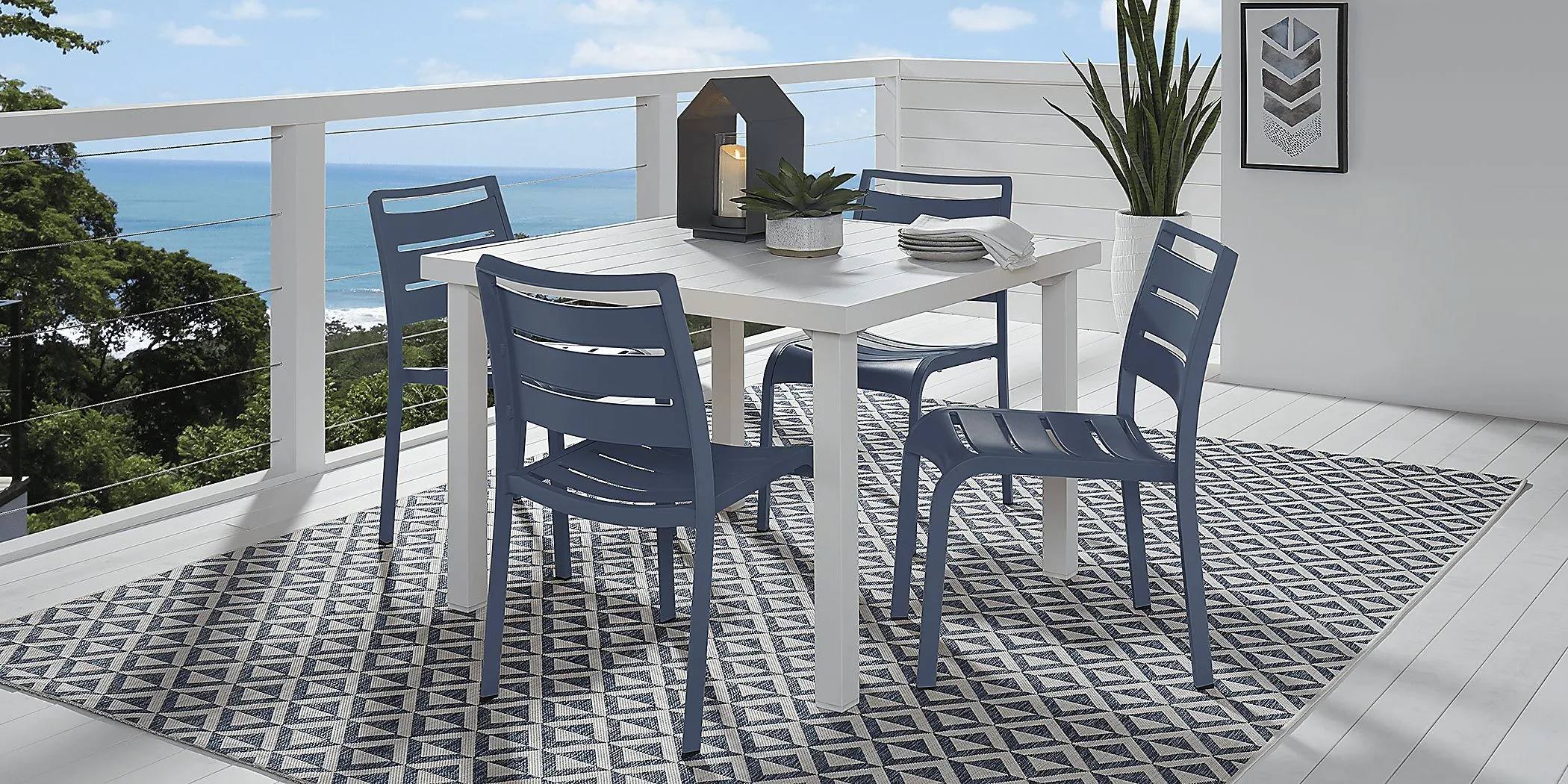 Park Walk White 5 Pc 40 in. Square Outdoor Dining Set with Navy Chairs