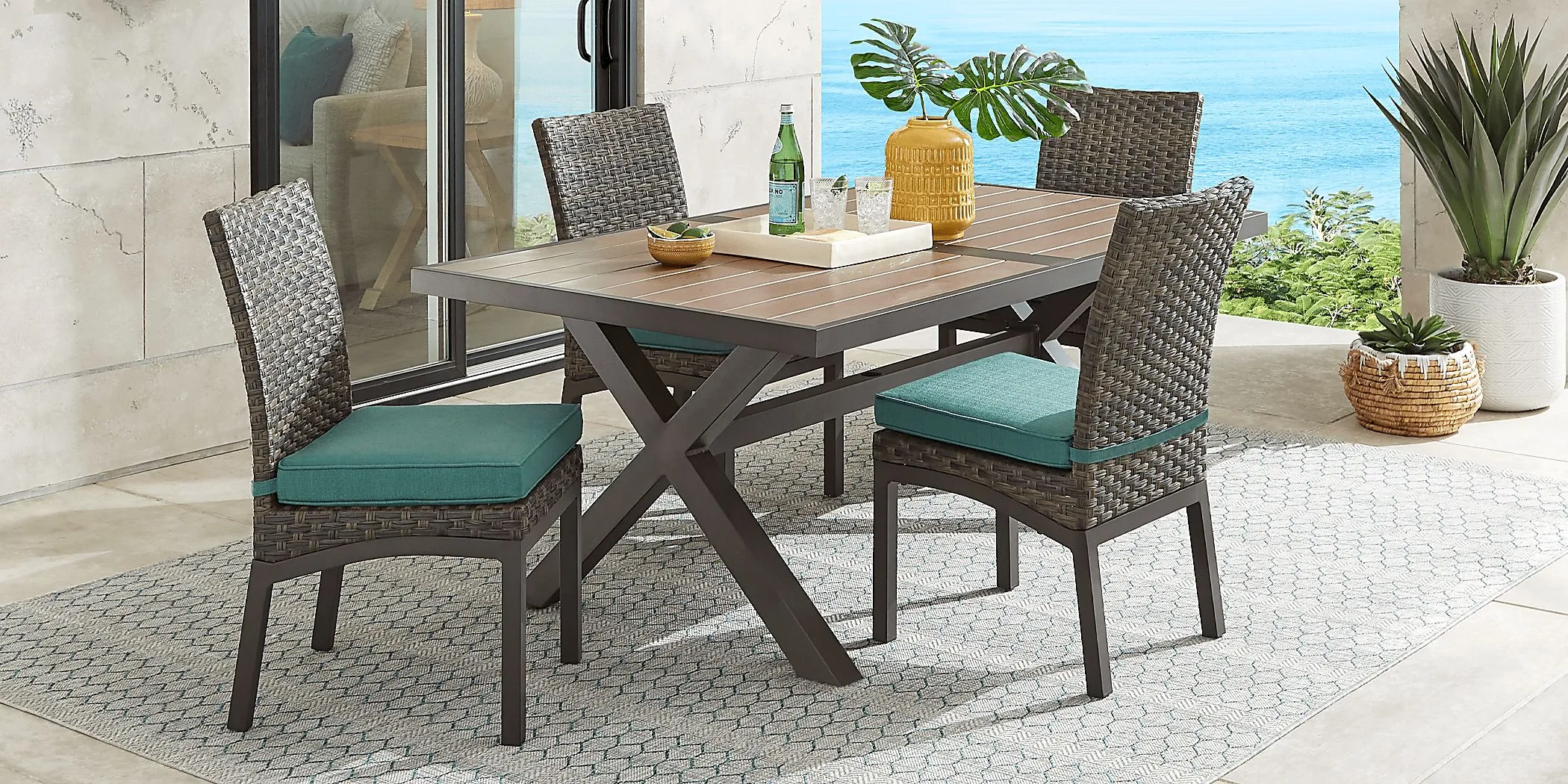 Rialto Brown 5 Pc 71 in. Rectangle Outdoor Dining Set with Aqua Cushions