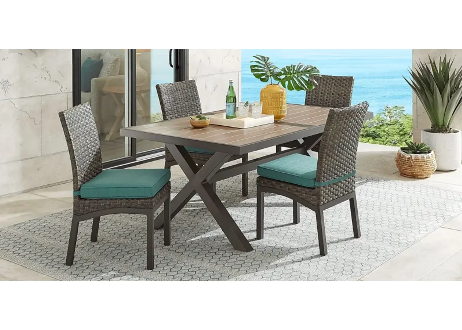 Rialto Brown 5 Pc 71 in. Rectangle Outdoor Dining Set with Aqua Cushions