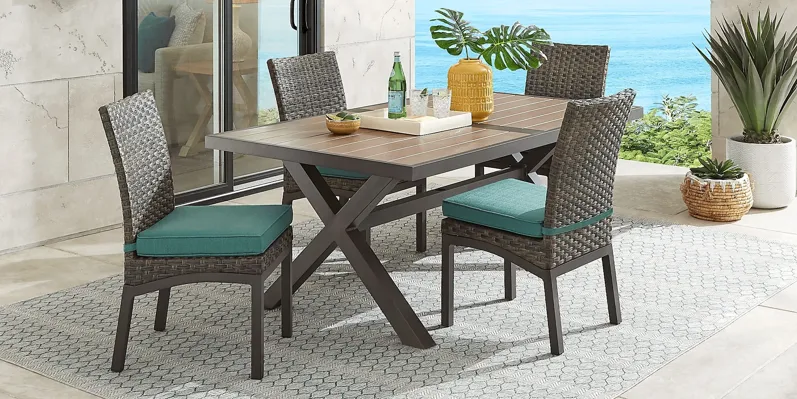 Rialto Brown 5 Pc 71 in. Rectangle Outdoor Dining Set with Aqua Cushions