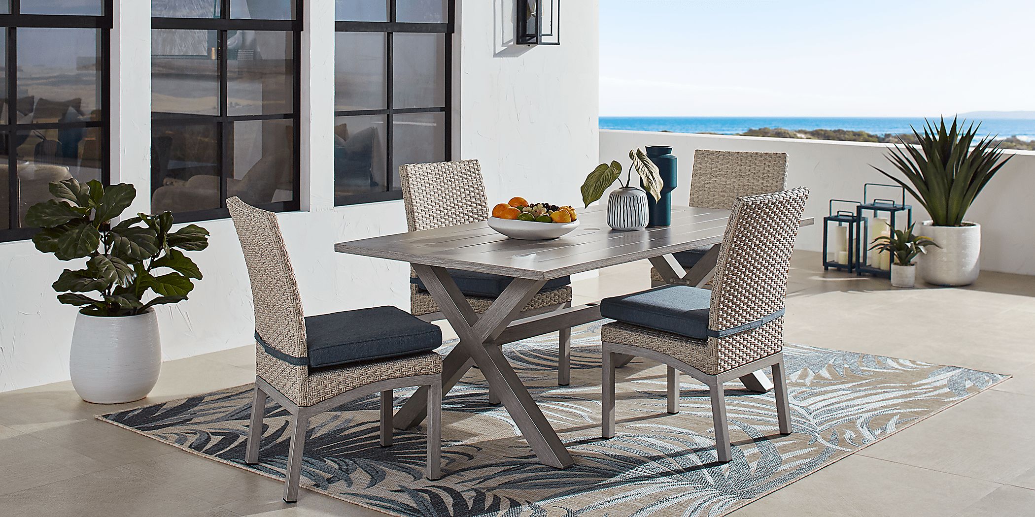 Sun Valley Light Gray 5 Pc Rectangle Outdoor Dining Set with Blue Cushions