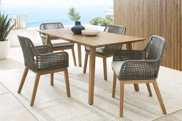 Tessere Natural 5 Pc Outdoor Dining Set with Gray Arm Chairs