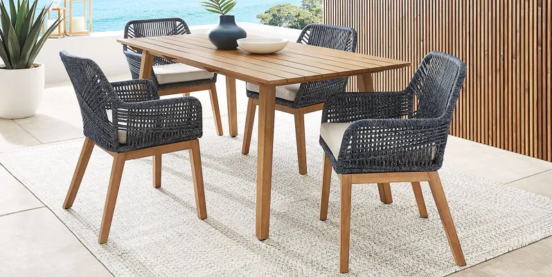 Tessere Natural 5 Pc Outdoor Dining Set with Blue Arm Chairs