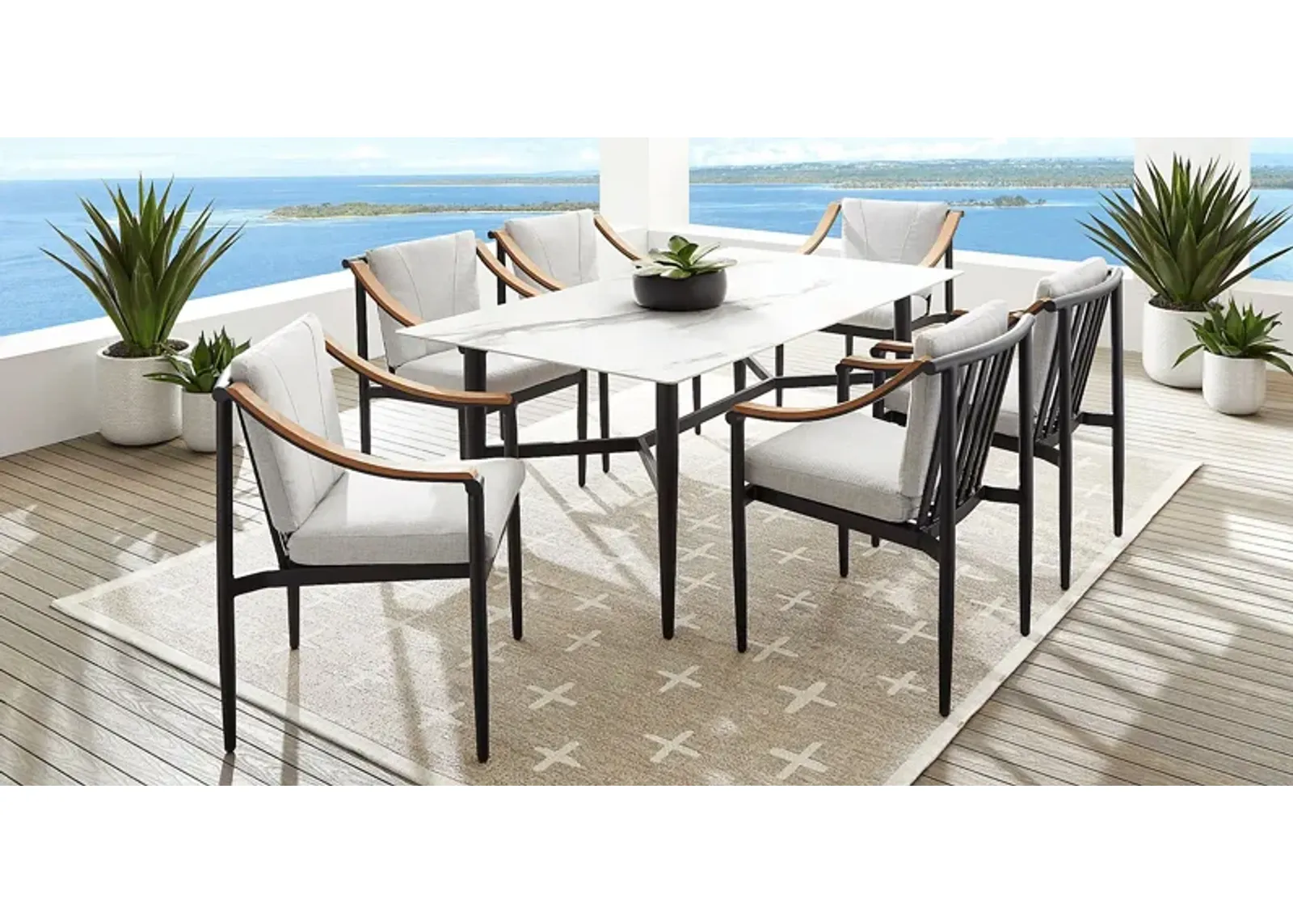 Harlowe Black 7 Pc Outdoor Rectangle Dining Set with Dove Cushions