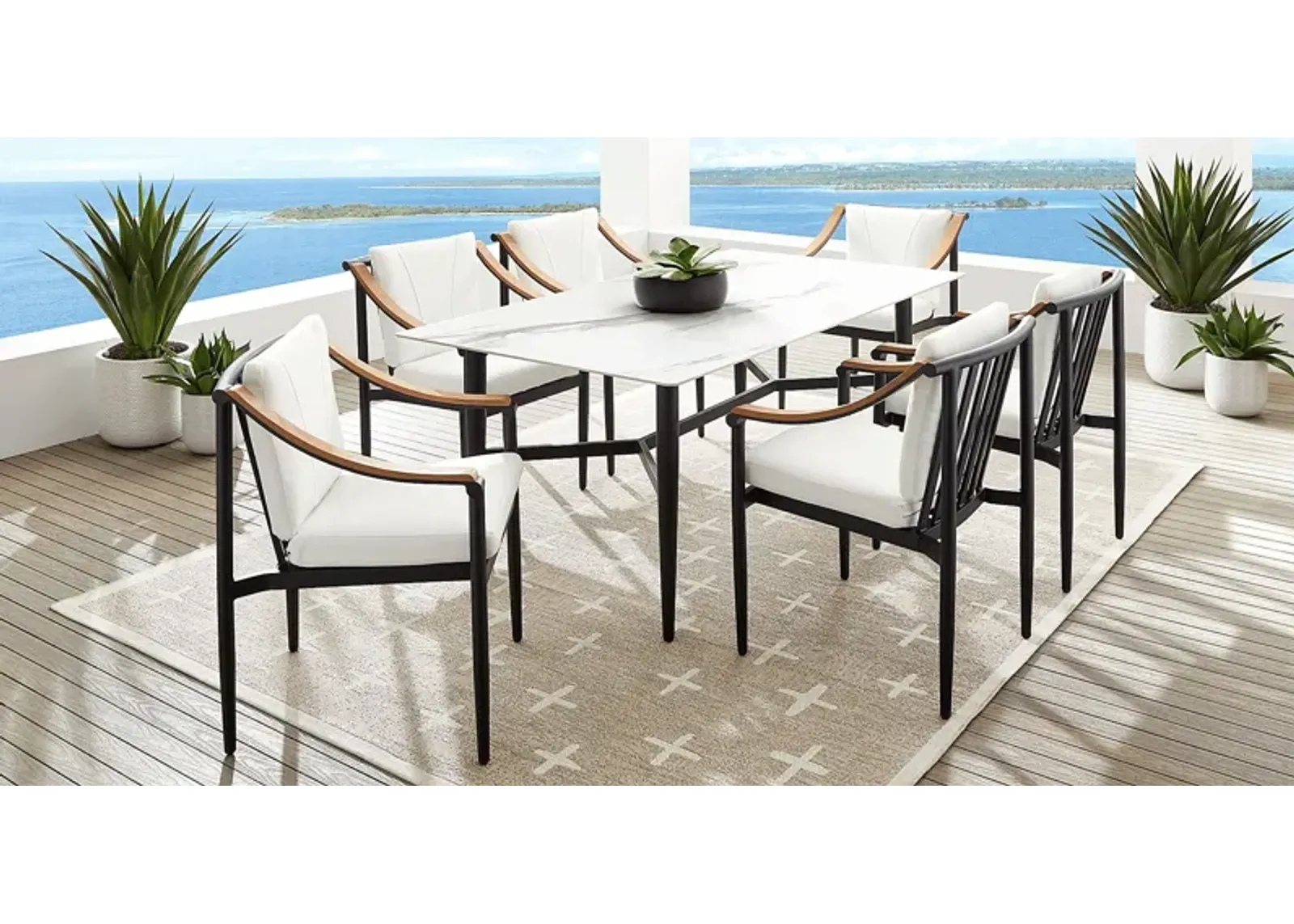 Harlowe Black 7 Pc Outdoor Rectangle Dining Set with White Cushions