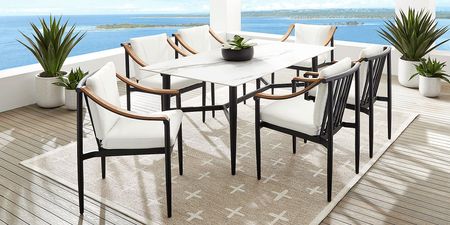 Harlowe Black 7 Pc Outdoor Rectangle Dining Set with White Cushions