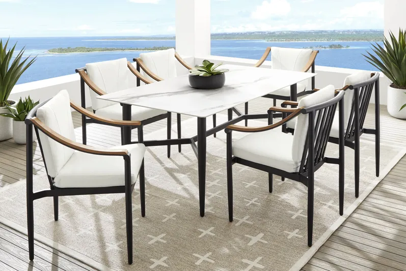 Harlowe Black 7 Pc Outdoor Rectangle Dining Set with White Cushions