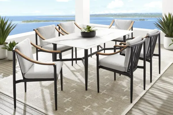 Harlowe Black 7 Pc Outdoor Rectangle Dining Set with Dove Cushions