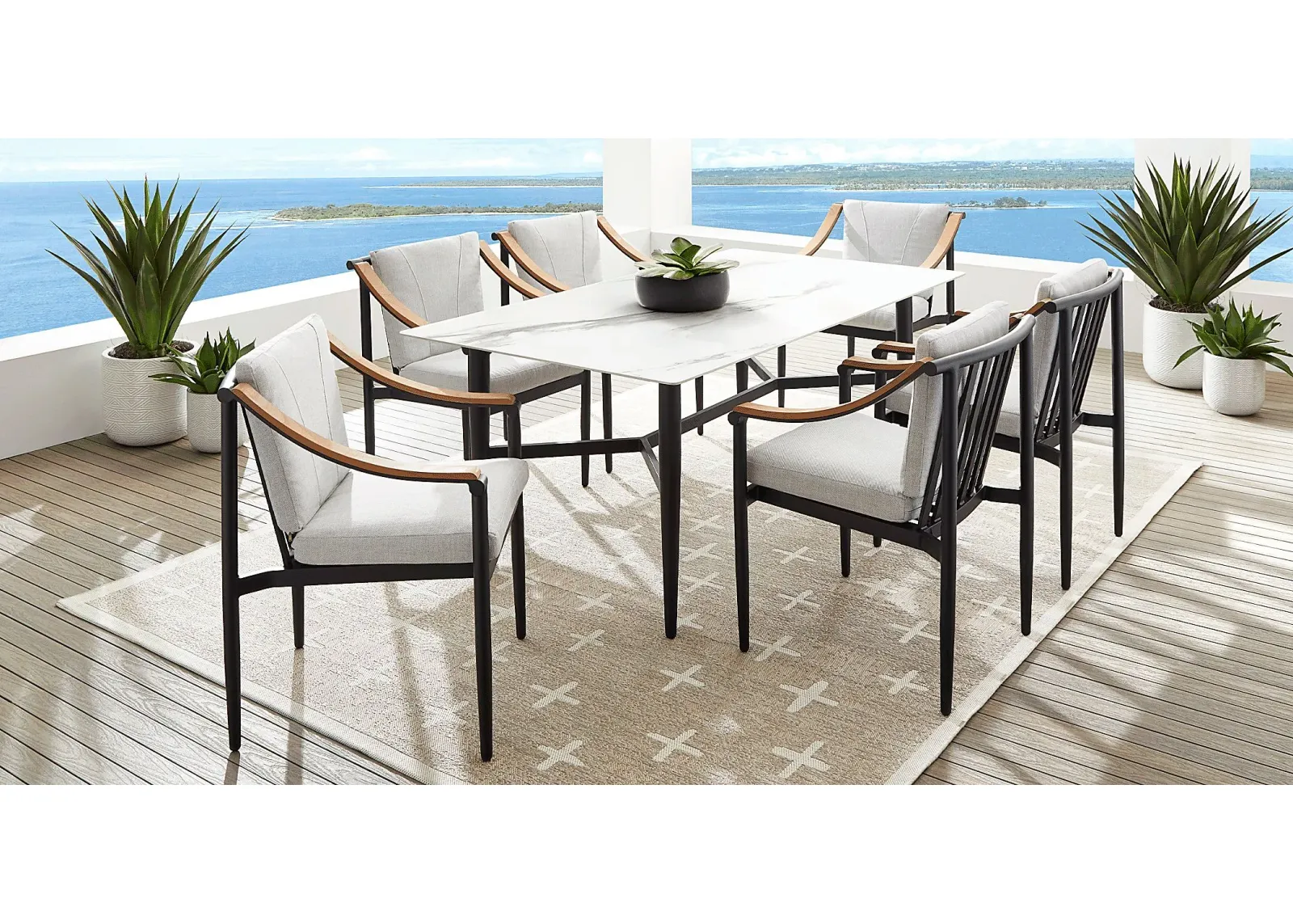 Harlowe Black 7 Pc Outdoor Rectangle Dining Set with Dove Cushions