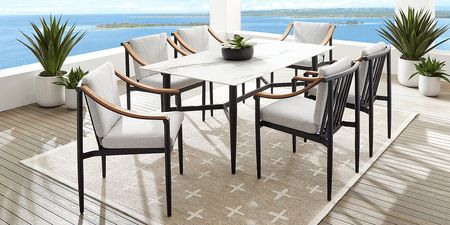 Harlowe Black 7 Pc Outdoor Rectangle Dining Set with Dove Cushions