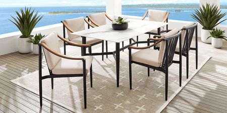 Harlowe Black 7 Pc Outdoor Rectangle Dining Set with Flax Cushions