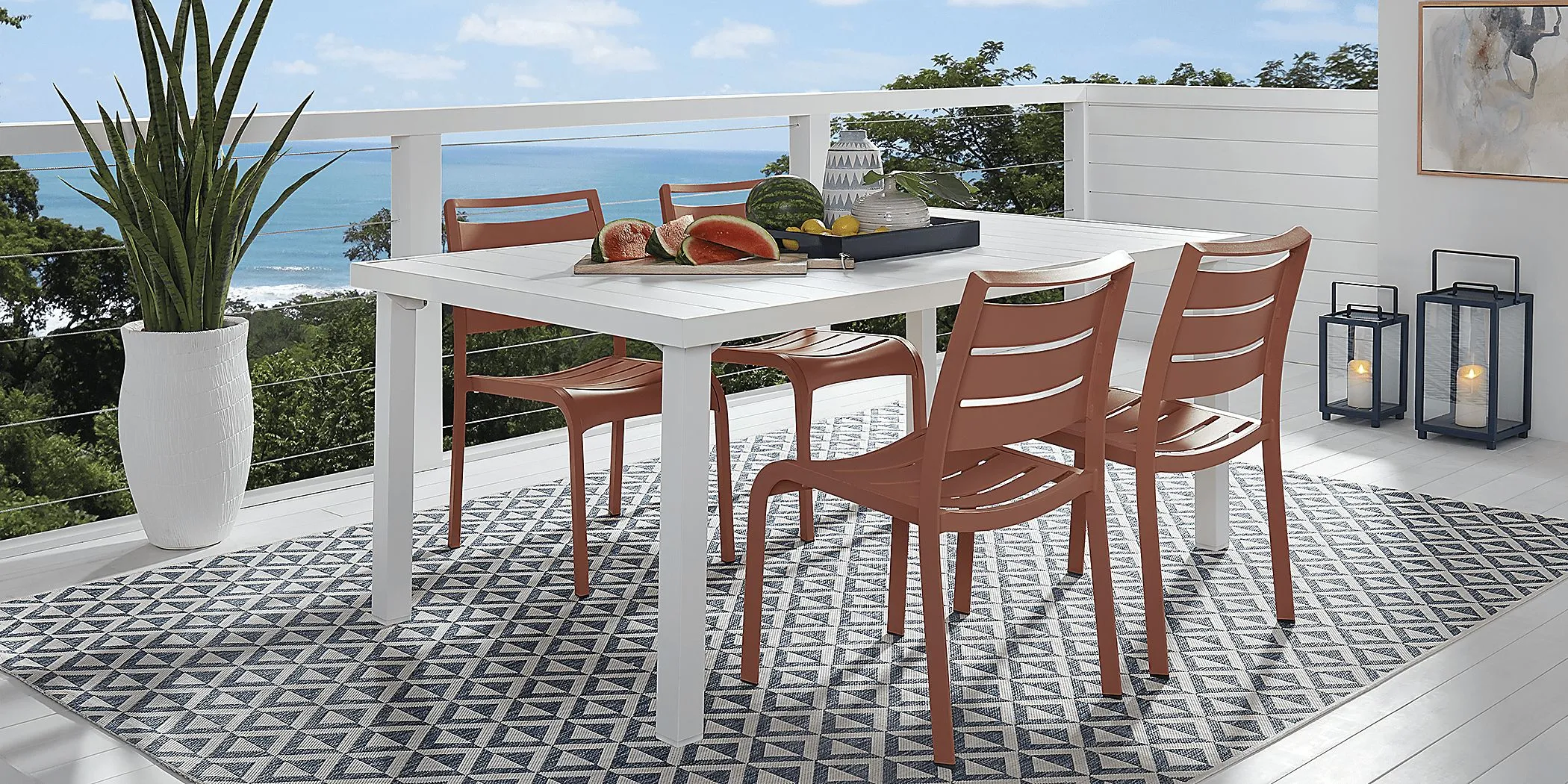 Park Walk White 5 Pc Rectangle Outdoor Dining Set with Coral Chairs