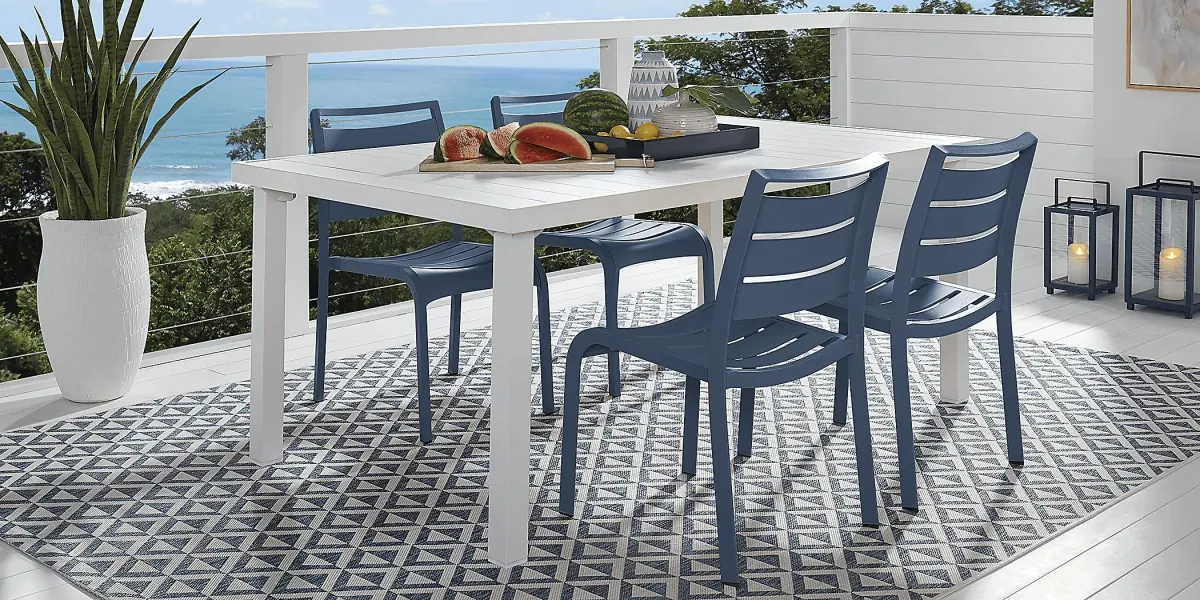 Park Walk White 5 Pc Rectangle Outdoor Dining Set with Navy Chairs