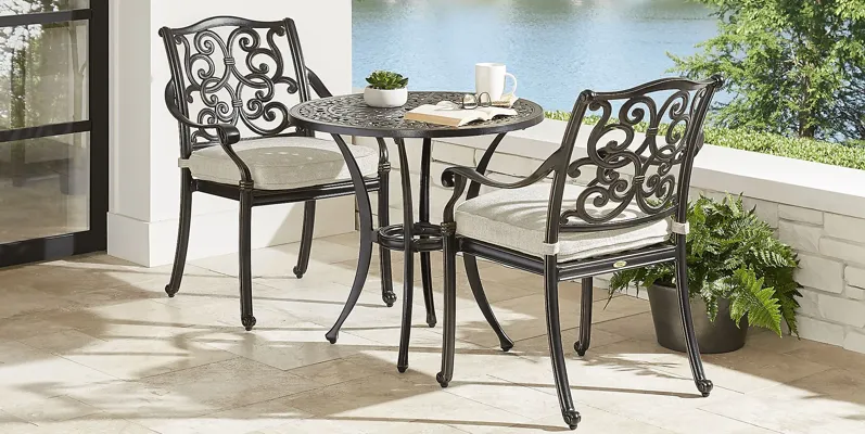 Lake Como Antique Bronze 3 Pc Round Outdoor Dining Set with Silk-Color Cushions