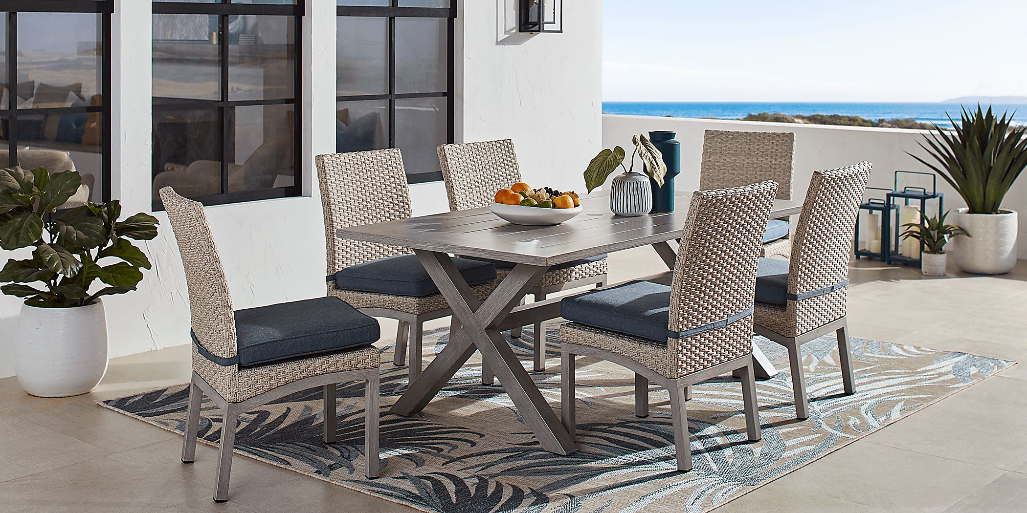 Sun Valley Light Gray 7 Pc Rectangle Outdoor Dining Set with Blue Cushions