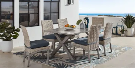 Sun Valley Light Gray 7 Pc Rectangle Outdoor Dining Set with Blue Cushions