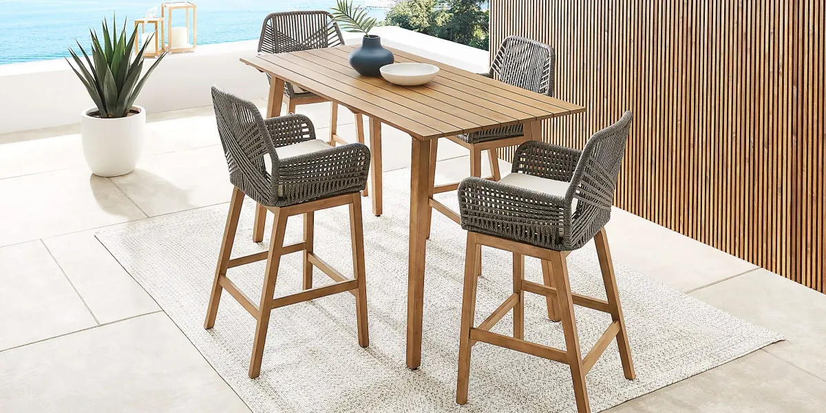 Tessere Natural 5 Pc Bar Height Outdoor Dining Set with Gray Barstools