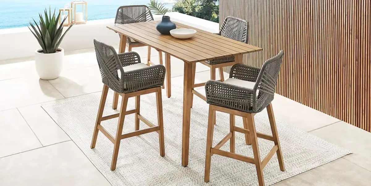 Tessere Natural 5 Pc Bar Height Outdoor Dining Set with Gray Barstools