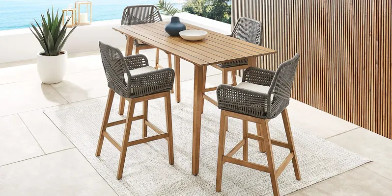 Tessere 5 Pc Natural Bar Height Outdoor Dining Set with Gray Barstools