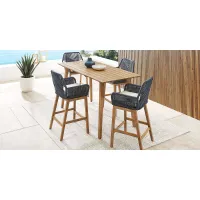 Tessere 5 Pc Natural Bar Height Outdoor Dining Set with Blue Barstools