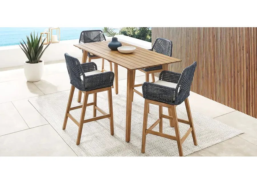 Tessere Natural 5 Pc Bar Height Outdoor Dining Set with Blue Barstools