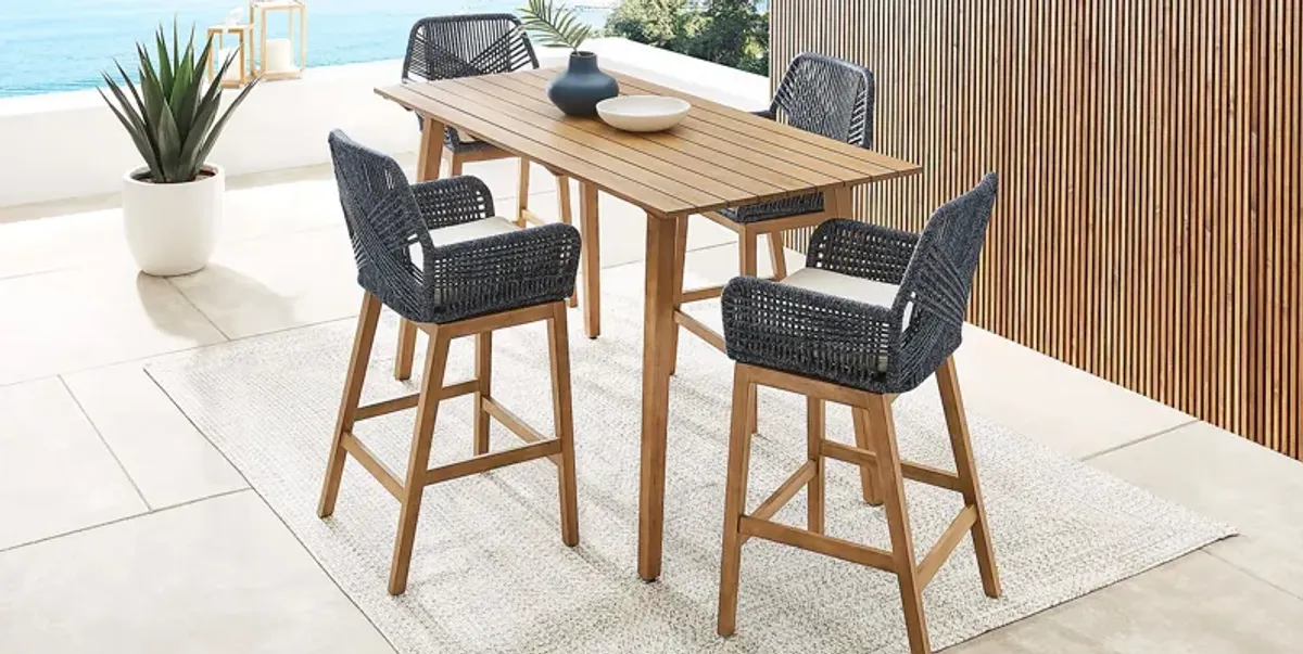 Tessere Natural 5 Pc Bar Height Outdoor Dining Set with Blue Barstools